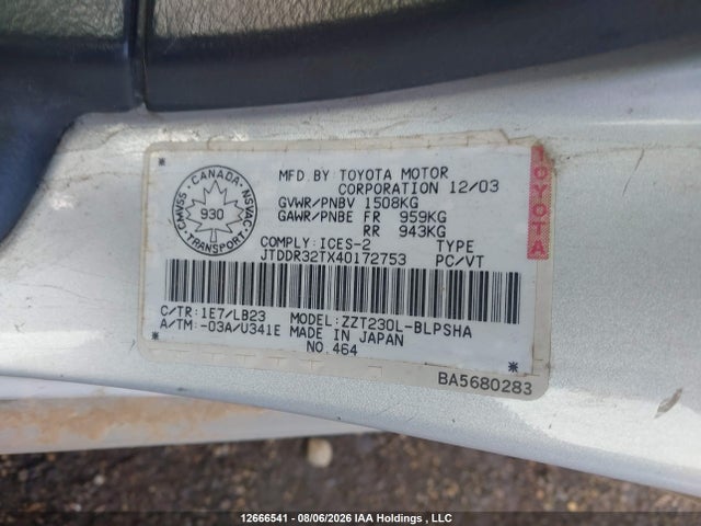 Продаж на аукціоні авто 2004 Toyota Celica Gt, vin: JTDDR32TX40172753, номер лоту: 12666541
