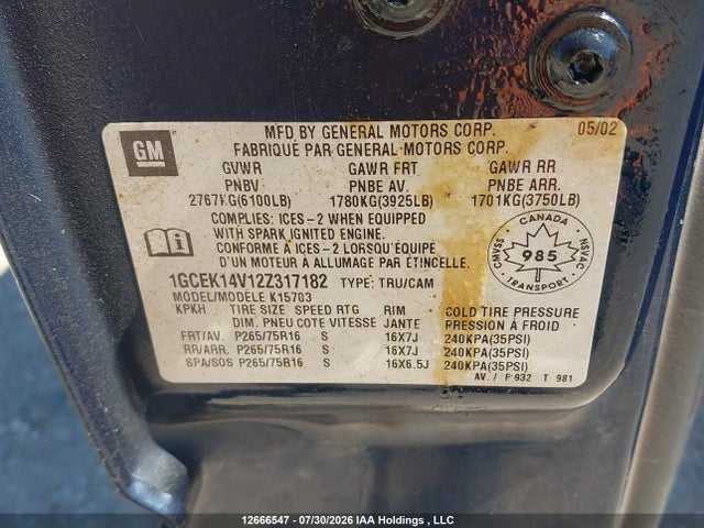 Продажа на аукционе авто 2002 Chevrolet Silverado K1500, vin: 1GCEK14V12Z317182, номер лота: 12666547