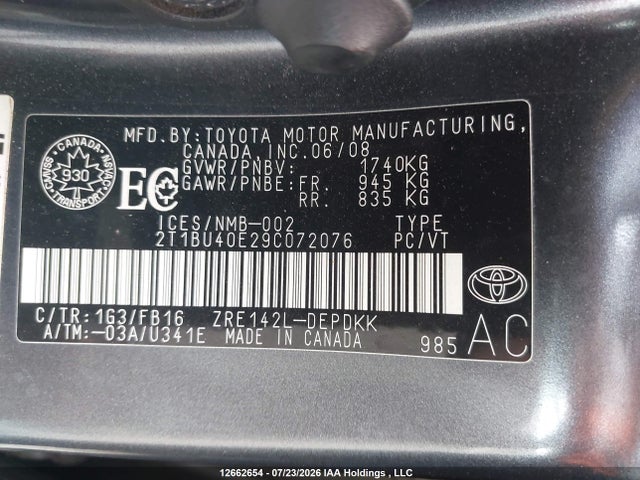 Продаж на аукціоні авто 2009 Toyota Corolla Ce, vin: 2T1BU40E29C072076, номер лоту: 12662654