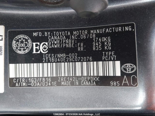 Продаж на аукціоні авто 2009 Toyota Corolla Ce, vin: 2T1BU40E29C072076, номер лоту: 12662654