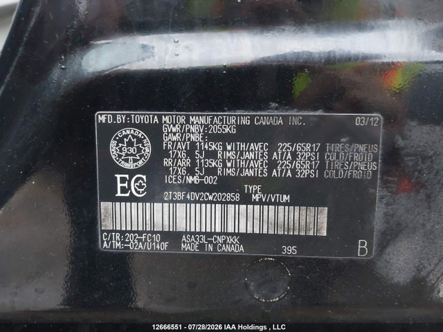 Продаж на аукціоні авто 2012 Toyota Rav4, vin: 2T3BF4DV2CW202858, номер лоту: 12666551
