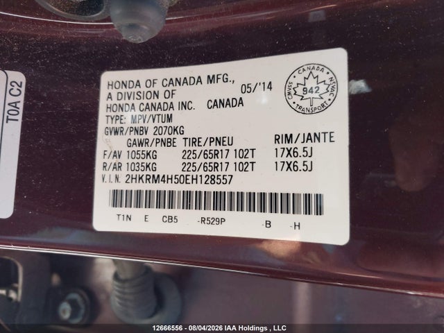 12666556 :رقم المزاد ، 2HKRM4H50EH128557 vin ، 2014 Honda Cr-v مزاد بيع