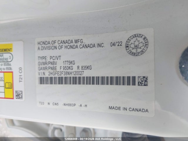 2HGFE2F38NH120027 Honda Civic Ex 4dr