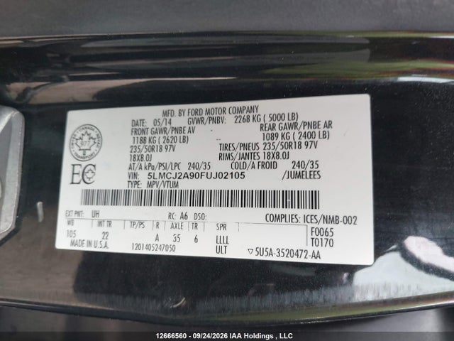 2015 Lincoln Mkc მანქანა იყიდება აუქციონზე, vin: 5LMCJ2A90FUJ02105, აუქციონის ნომერი: 12666560
