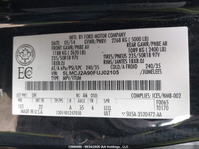 2015 Lincoln Mkc მანქანა იყიდება აუქციონზე, vin: 5LMCJ2A90FUJ02105, აუქციონის ნომერი: 12666560