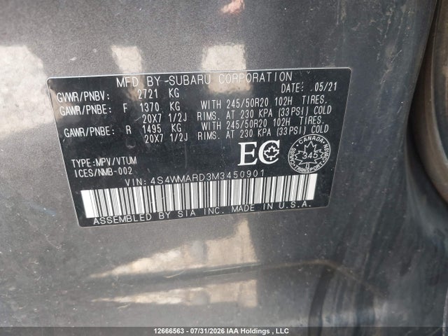Auction sale of the 2021 Subaru Ascent, vin: 4S4WMARD3M3450901, lot number: 12666563