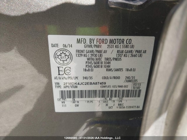 12666565 :رقم المزاد ، 2FMDK4JC2EBA87459 vin ، 2014 Ford Edge Sel مزاد بيع