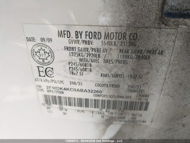 12666572 :رقم المزاد ، 2FMDK4KC0ABA32260 vin ، 2010 Ford Edge Limited مزاد بيع