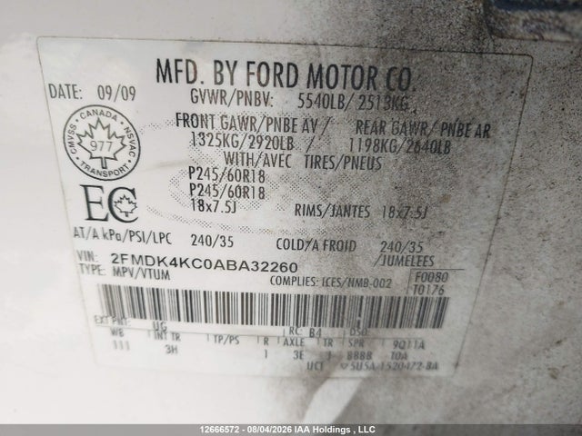 12666572 :رقم المزاد ، 2FMDK4KC0ABA32260 vin ، 2010 Ford Edge Limited مزاد بيع