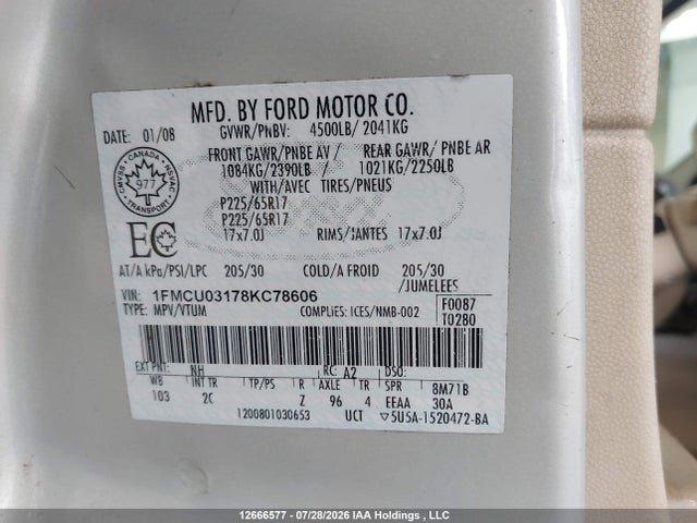 Aukcja sprzedaży 2008 Ford Escape Xlt, vin: 1FMCU03178KC78606, numer aukcji: 12666577