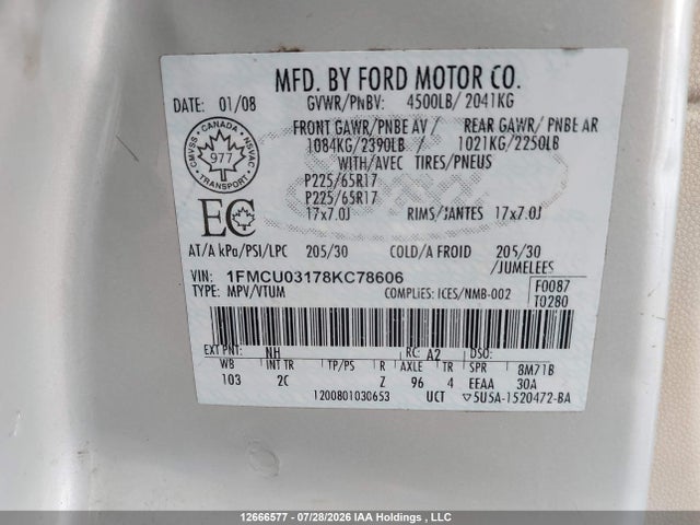 Aukcja sprzedaży 2008 Ford Escape Xlt, vin: 1FMCU03178KC78606, numer aukcji: 12666577