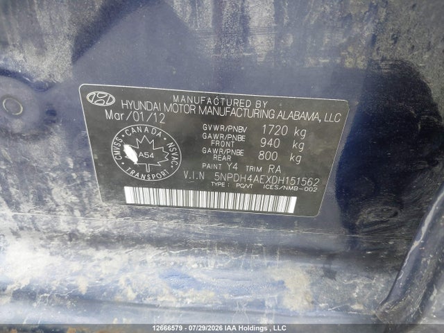 Продаж на аукціоні авто 2013 Hyundai Elantra Gls/limited, vin: 5NPDH4AEXDH151562, номер лоту: 12666579
