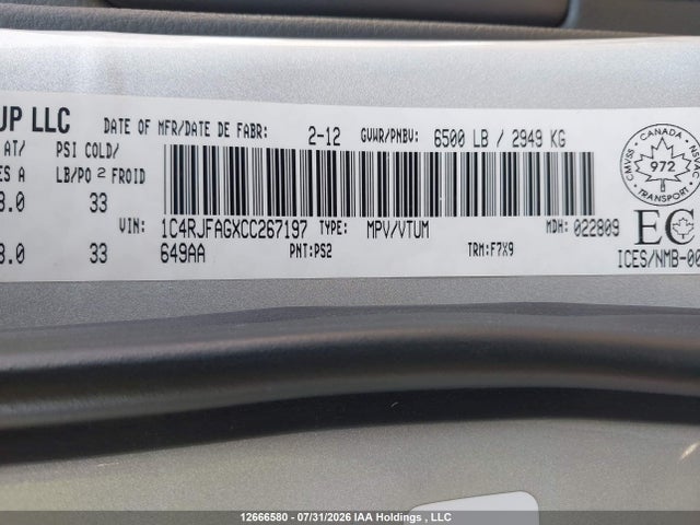 2012 Jeep Grand Cherokee Laredo მანქანა იყიდება აუქციონზე, vin: 1C4RJFAGXCC267197, აუქციონის ნომერი: 12666580