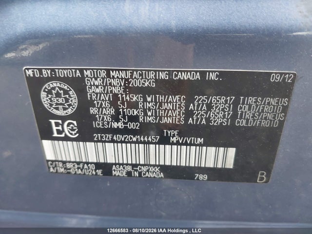 12666583 :رقم المزاد ، 2T3ZF4DV2CW144457 vin ، 2012 Toyota Rav4 مزاد بيع