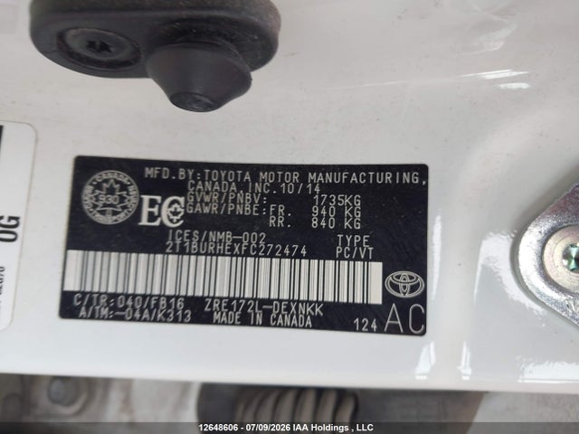 Aukcja sprzedaży 2015 Toyota Corolla L/le/le Pls/prm/s/s Pls, vin: 2T1BURHEXFC272474, numer aukcji: 12648606