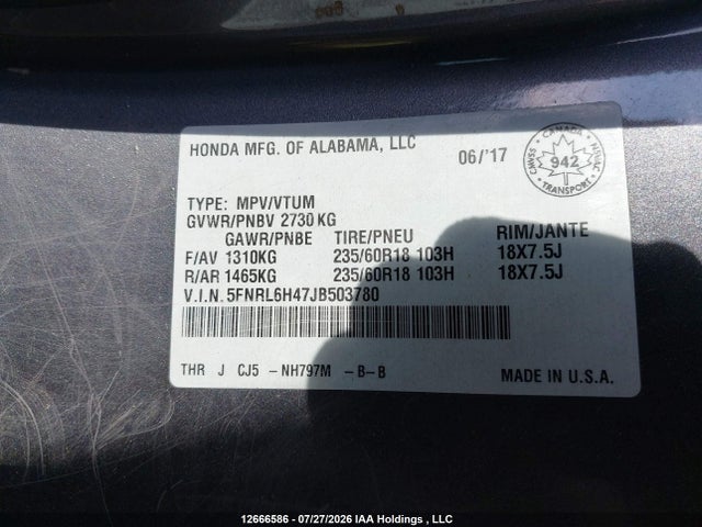 Honda ODYSSEY EX 2018 5FNRL6H47JB503780 Image 18