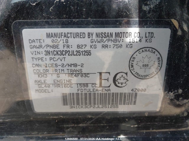 3N1CK3CP2JL251255 Nissan Micra S/sr/sv
