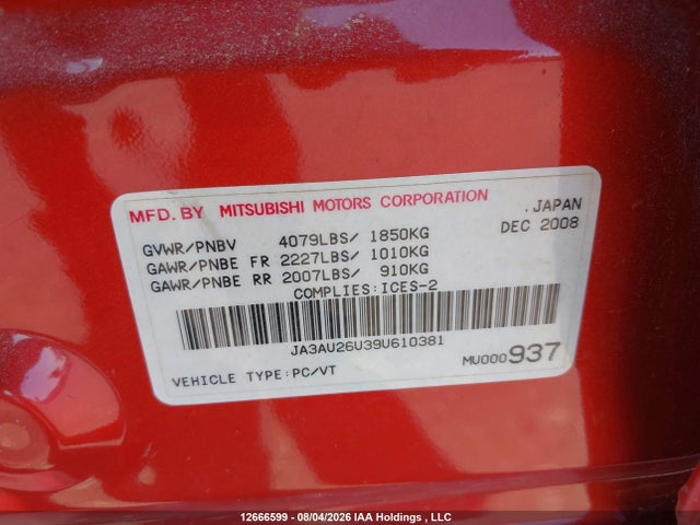 Aukcja sprzedaży 2009 Mitsubishi Lancer Es/es Sport, vin: JA3AU26U39U610381, numer aukcji: 12666599