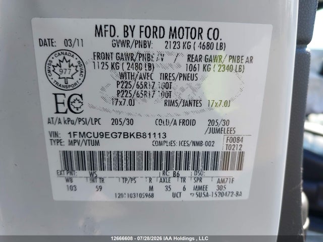 Aukcja sprzedaży 2011 Ford Escape Limited, vin: 1FMCU9EG7BKB81113, numer aukcji: 12666608