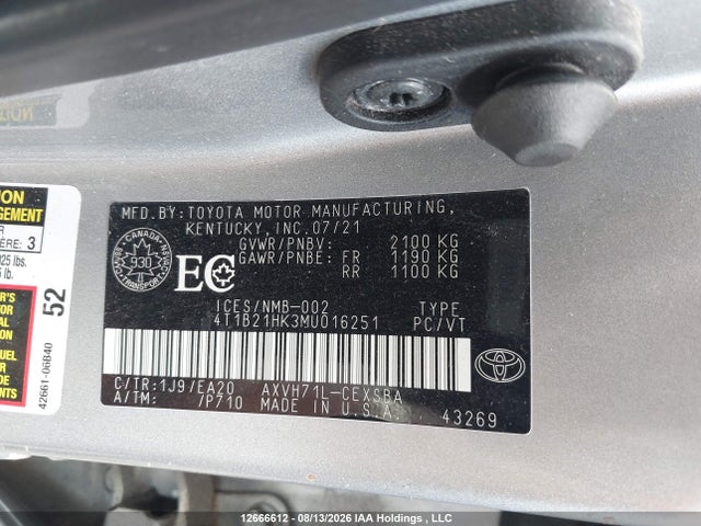Продажа на аукционе авто 2021 Toyota Camry Hybrid Se, vin: 4T1B21HK3MU016251, номер лота: 12666612