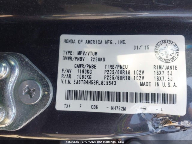 Aukcja sprzedaży 2015 Acura Rdx Tech Package, vin: 5J8TB4H58FL805543, numer aukcji: 12666615
