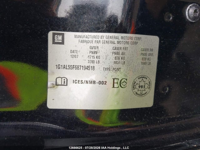 2008 Chevrolet Cobalt Lt მანქანა იყიდება აუქციონზე, vin: 1G1AL55F687194518, აუქციონის ნომერი: 12666625