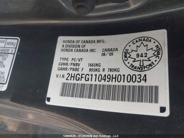 Продаж на аукціоні авто 2009 Honda Civic, vin: 2HGFG11049H010034, номер лоту: 12666626