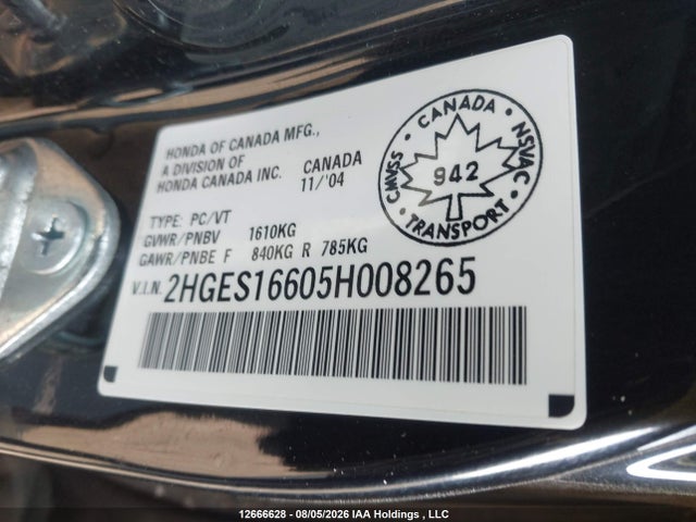 Продаж на аукціоні авто 2005 Honda Civic Lx-g, vin: 2HGES16605H008265, номер лоту: 12666628