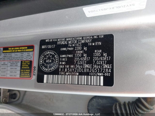 12666632 :رقم المزاد ، 5XYZUDLBXJG517284 vin ، 2018 Hyundai Santa Fe Sport 2.4 Premium مزاد بيع