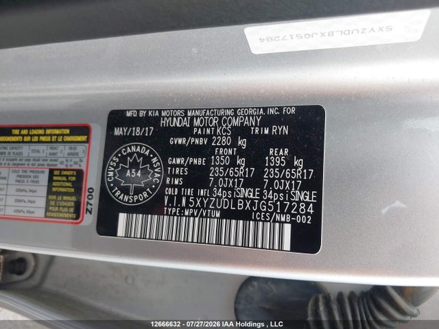 12666632 :رقم المزاد ، 5XYZUDLBXJG517284 vin ، 2018 Hyundai Santa Fe Sport 2.4 Premium مزاد بيع