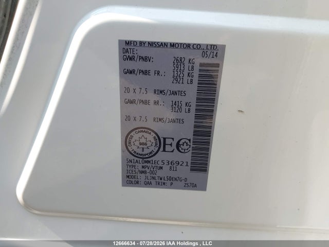 2014 Infiniti Qx60 მანქანა იყიდება აუქციონზე, vin: 5N1AL0MM1EC536921, აუქციონის ნომერი: 12666634