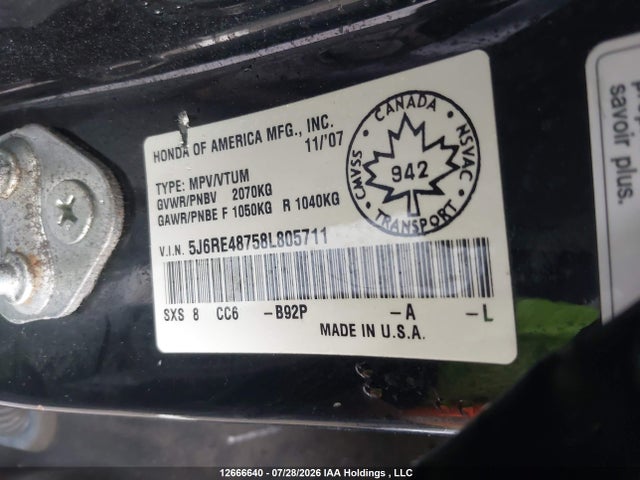 12666640 :رقم المزاد ، 5J6RE48758L805711 vin ، 2008 Honda Cr-v Ex-l مزاد بيع