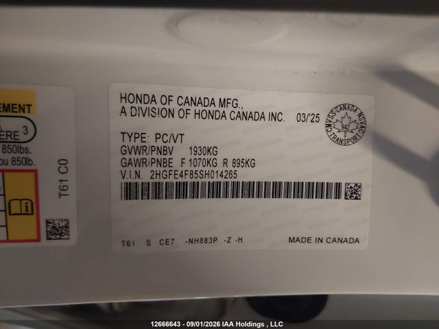 12666643 :رقم المزاد ، 2HGFE4F85SH014265 vin ، 2025 Honda Civic Sport Hybrid/sport Touring Hybrid مزاد بيع