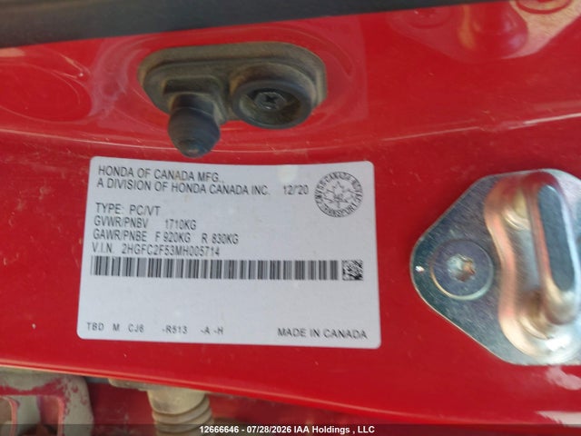 2021 Honda Civic Lx მანქანა იყიდება აუქციონზე, vin: 2HGFC2F53MH005714, აუქციონის ნომერი: 12666646