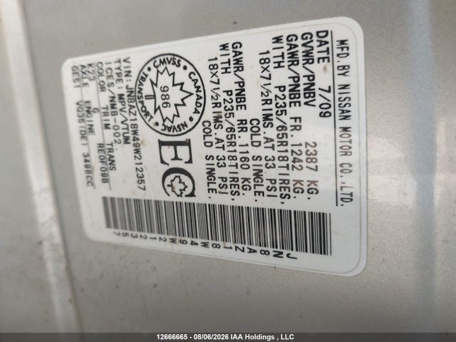 2009 Nissan Murano Sl მანქანა იყიდება აუქციონზე, vin: JN8AZ18W49W212357, აუქციონის ნომერი: 12666665