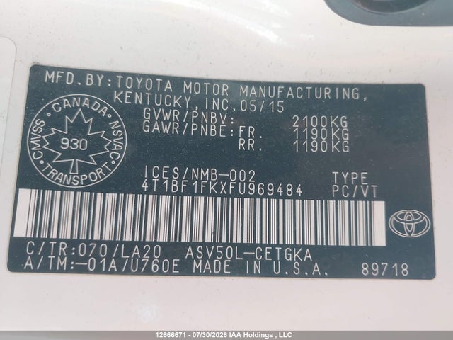4T1BF1FKXFU969484 Toyota CAMRY XLE