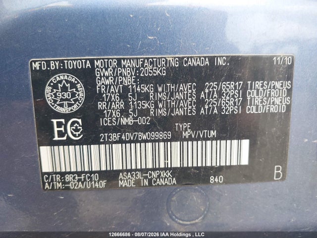 12666686 :رقم المزاد ، 2T3BF4DV7BW099869 vin ، 2011 Toyota Rav4 مزاد بيع