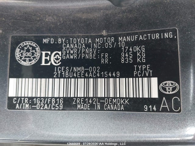 Продаж на аукціоні авто 2010 Toyota Corolla, vin: 2T1BU4EE4AC415449, номер лоту: 12666689