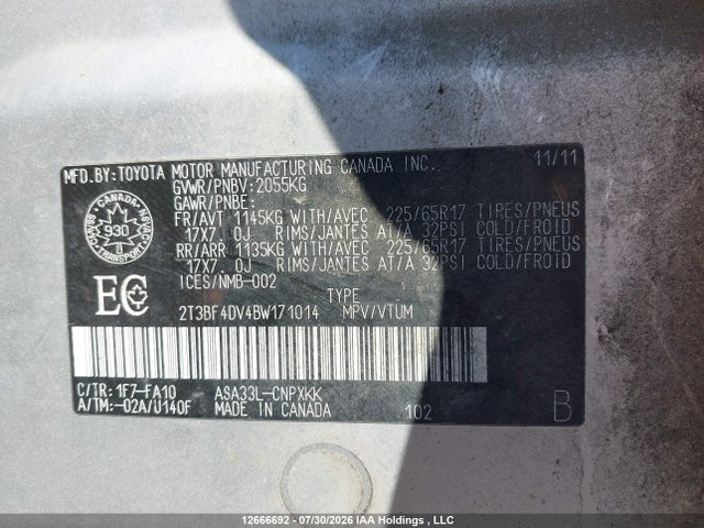 Продаж на аукціоні авто 2011 Toyota Rav4, vin: 2T3BF4DV4BW171014, номер лоту: 12666692