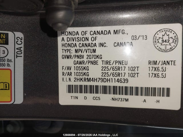 Продажа на аукционе авто 2013 Honda Cr-v Exl, vin: 2HKRM4H79DH114639, номер лота: 12666694