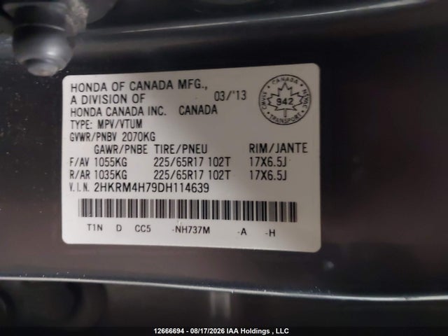 Продажа на аукционе авто 2013 Honda Cr-v Exl, vin: 2HKRM4H79DH114639, номер лота: 12666694
