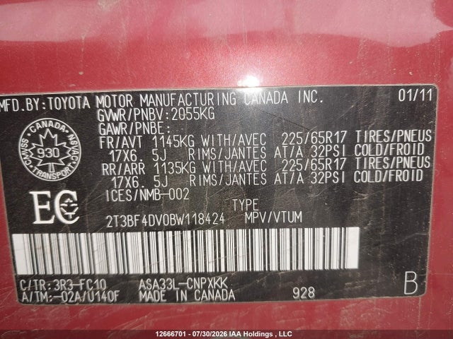 Продаж на аукціоні авто 2011 Toyota Rav4, vin: 2T3BF4DV0BW118424, номер лоту: 12666701