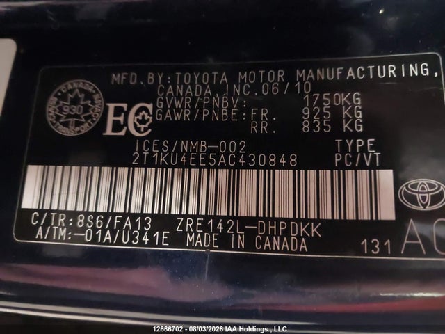 12666702 :رقم المزاد ، 2T1KU4EE5AC430848 vin ، 2010 Toyota Matrix مزاد بيع
