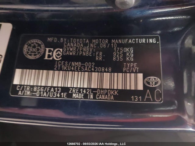 12666702 :رقم المزاد ، 2T1KU4EE5AC430848 vin ، 2010 Toyota Matrix مزاد بيع