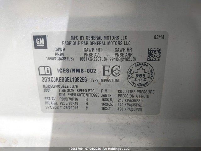 2014 Chevrolet Trax Ls Fwd მანქანა იყიდება აუქციონზე, vin: 3GNCJKEB0EL198256, აუქციონის ნომერი: 12666709