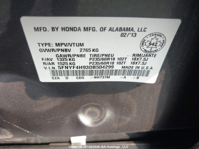 2013 Honda Pilot Touring მანქანა იყიდება აუქციონზე, vin: 5FNYF4H93DB504299, აუქციონის ნომერი: 12666715