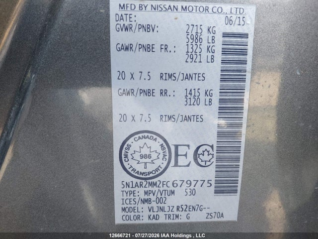 2015 Nissan Pathfinder S/sv/sl/platinum მანქანა იყიდება აუქციონზე, vin: 5N1AR2MM2FC679775, აუქციონის ნომერი: 12666721