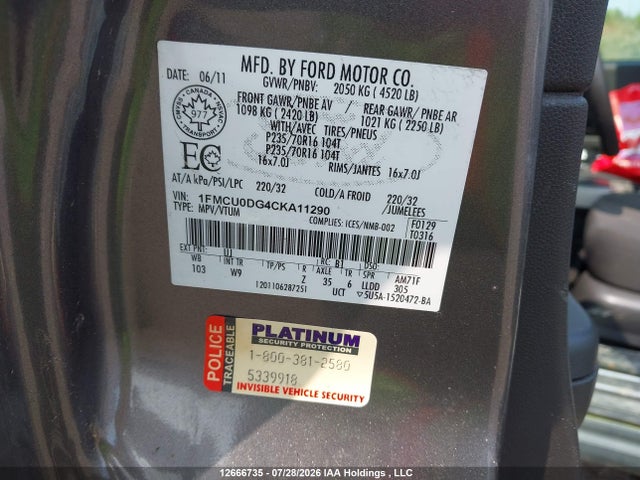 2012 Ford Escape მანქანა იყიდება აუქციონზე, vin: 1FMCU0DG4CKA11290, აუქციონის ნომერი: 12666735