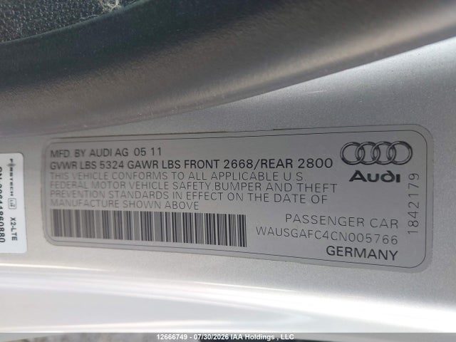 Aukcja sprzedaży 2012 Audi A7 Prestige, vin: WAUSGAFC4CN005766, numer aukcji: 12666749