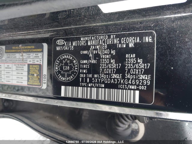 Aukcja sprzedaży 2019 Kia Sorento 2.4l Lx, vin: 5XYPGDA37KG469299, numer aukcji: 12666750